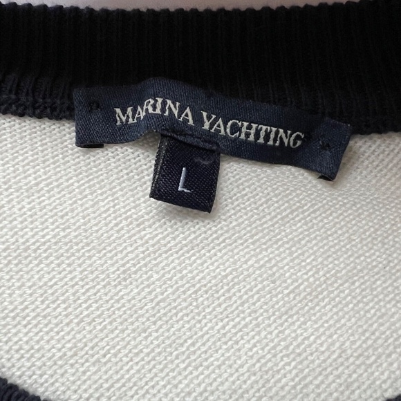 MARINA YACHTING Crew Neck Sweater Pullover Size L Off White Blue Striped Sleeve - Picture 7 of 7